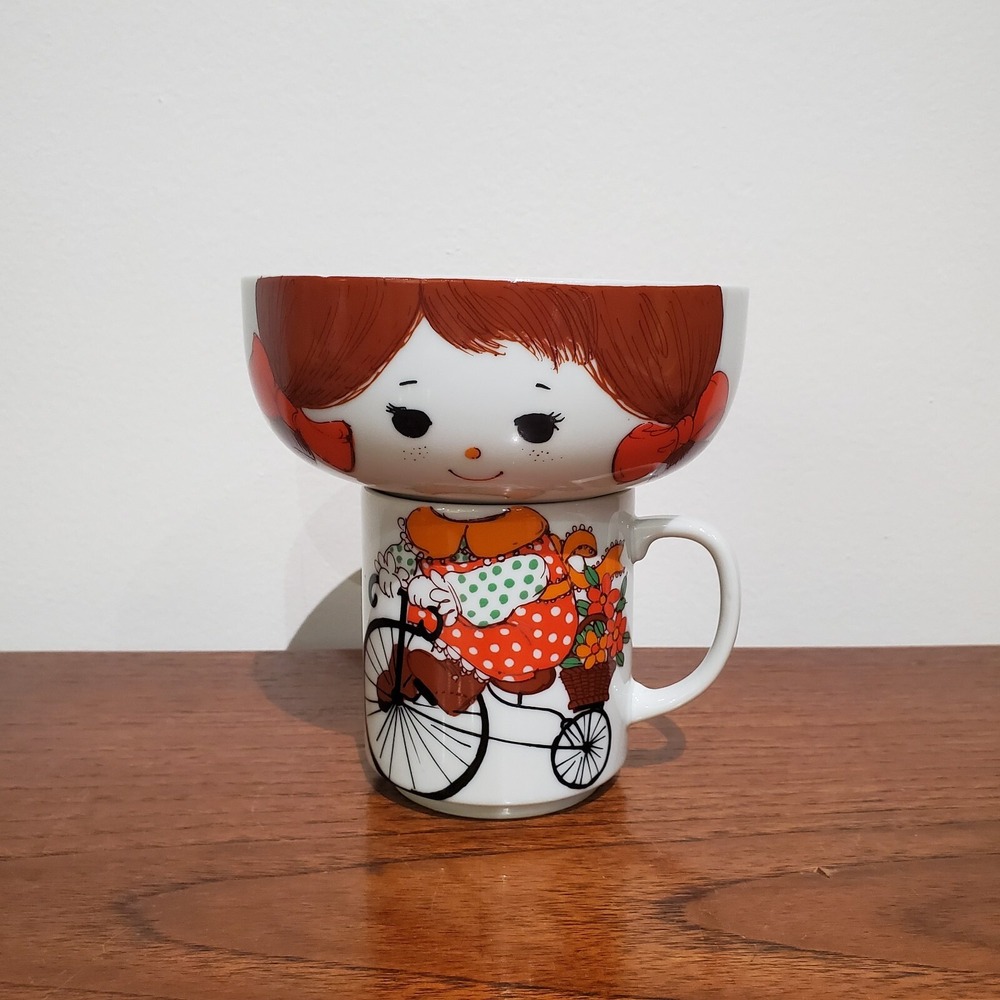 Vintage Breakfast Stacking Set (Bowl + Mug) Girl on‎ a Bike, made in Japan